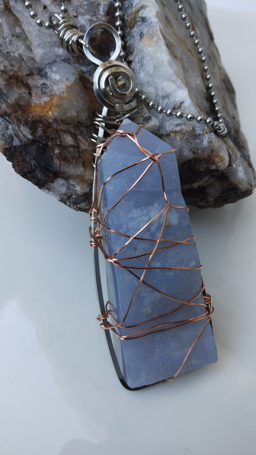 Wire Wrapped Blue Lace Agate Tower Pendant #2