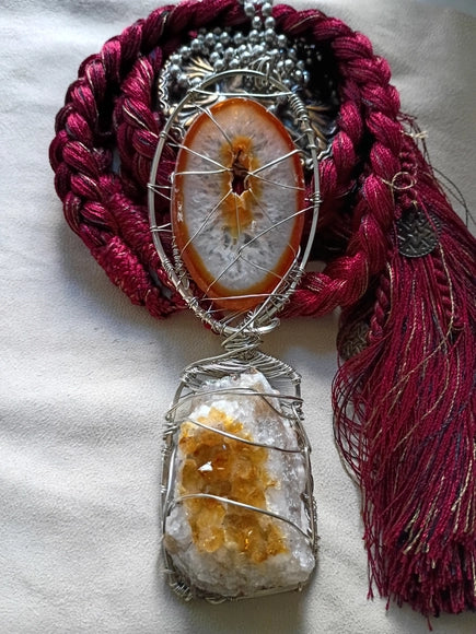 Solar Gate – Solar Quartz & Citrine Crystal Statement Necklace | Handcrafted Silver Wire Wrapped Pendant