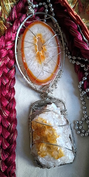 Solar Gate – Solar Quartz & Citrine Crystal Statement Necklace | Handcrafted Silver Wire Wrapped Pendant