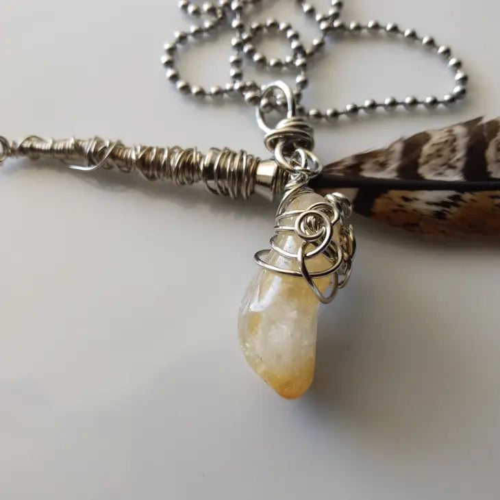 Citrine Wire Wrapped Pendant + Stainless Steel Ball Chain Necklace