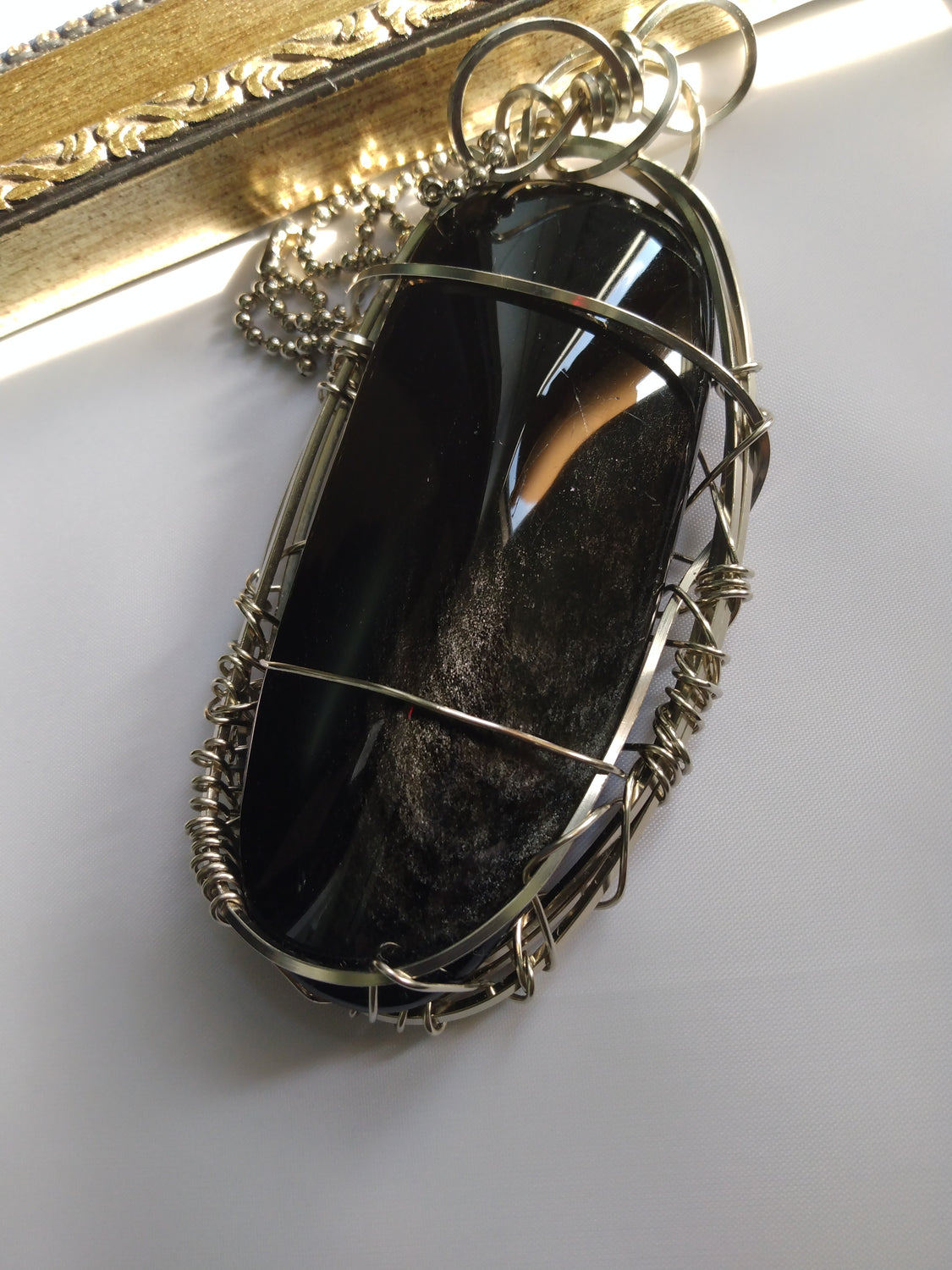 Sheen Obsidian Natural Stone Wire Wrapped Pendant